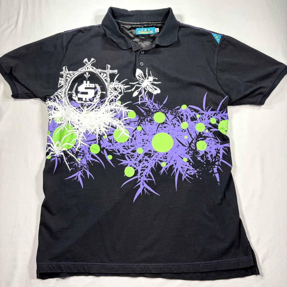 Shmack Mens XL Black Polo Shirt Y2K Streetwear Graphic Print Dollar Sign Logo